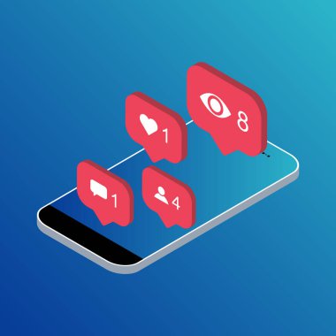 Uygulama için izometrik telefon bildirim sembolünü takip et. Sosyal medya için uygulama düğmesi. Vektör illüstrasyon simgesi .