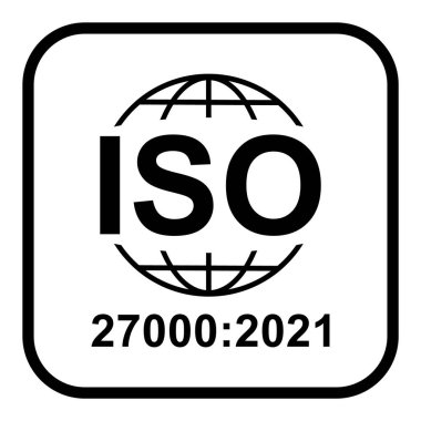 Iso 27000 ikonu. Bilgi Güvenlik Yönetim Sistemi. Standart kalite sembolü. Beyaz arkaplanda vektör düğmesi işareti izole edildi .