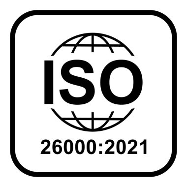 Iso 26000: 2021 simgesi. Sosyal Sorumluluk. Standart kalite sembolü. Beyaz arkaplanda vektör düğmesi işareti izole edildi .