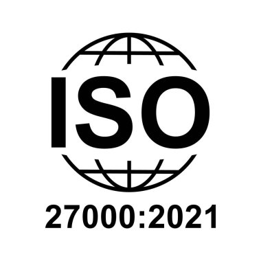 Iso 27000 ikonu. Bilgi Güvenlik Yönetim Sistemi. Standart kalite sembolü. Beyaz arkaplanda vektör düğmesi işareti izole edildi .