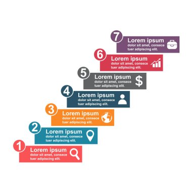 Simgeli ve 7 basamaklı bilgi işi konsepti tasarımı. Basit grafik sunum şablonu. Soyut vektör illüstrasyonu .