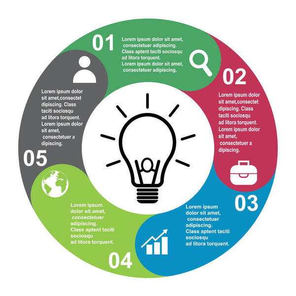 5 steps vector element in five colors with labels, infographic diagram. Business concept of 5 steps or options with bulb .