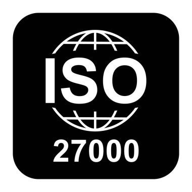 Iso 27000 ikonu. Bilgi Güvenlik Yönetim Sistemi. Standart kalite sembolü. Siyah arkaplanda vektör düğmesi işareti izole edildi .