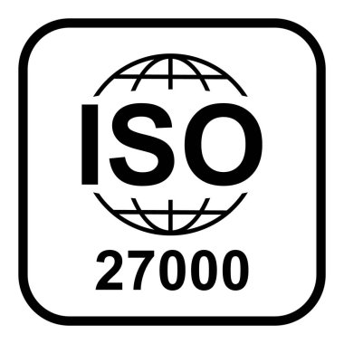 Iso 27000 ikonu. Bilgi Güvenlik Yönetim Sistemi. Standart kalite sembolü. Beyaz arkaplanda vektör düğmesi işareti izole edildi .