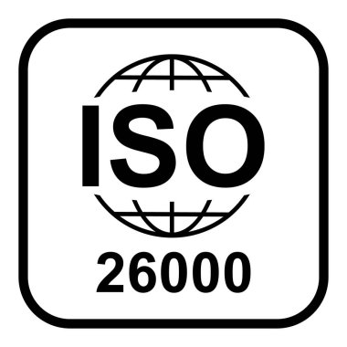 Iso 26000 ikonu. Sosyal Sorumluluk. Standart kalite sembolü. Beyaz arkaplanda vektör düğmesi işareti izole edildi .