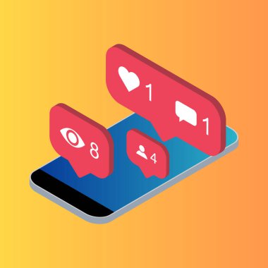 Instagram uygulaması için izometrik telefon bildirim sembolünü takip et. Sosyal medya için uygulama düğmesi. Vektör illüstrasyon simgesi .