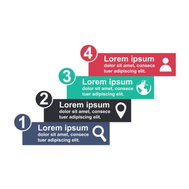 Simgeli ve 4 basamaklı bilgi işi konsepti tasarımı. Basit grafik sunum şablonu. Soyut vektör illüstrasyonu .
