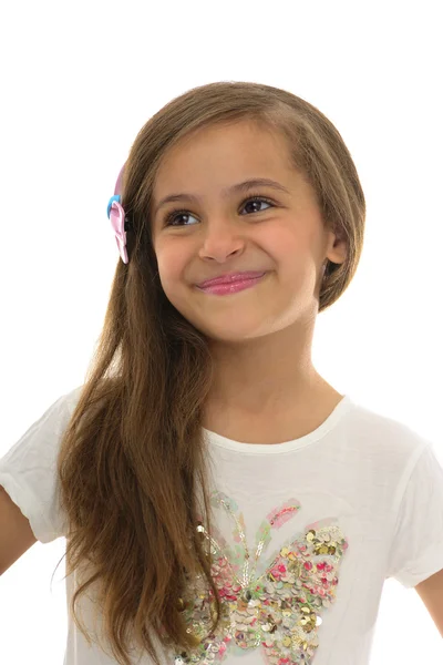 Krásná mladá dívka s úsměvem koukal — Stock fotografie