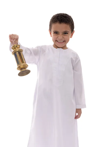 Menino feliz comemorando o Ramadã com Fanoos — Fotografia de Stock