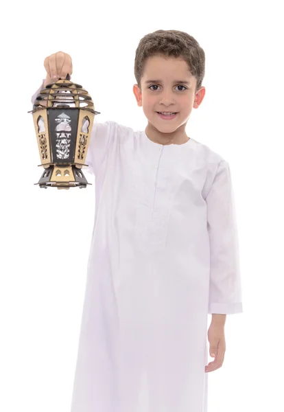 Niño feliz con linterna en blanco Djellaba Celebrando Ramadán — Foto de Stock