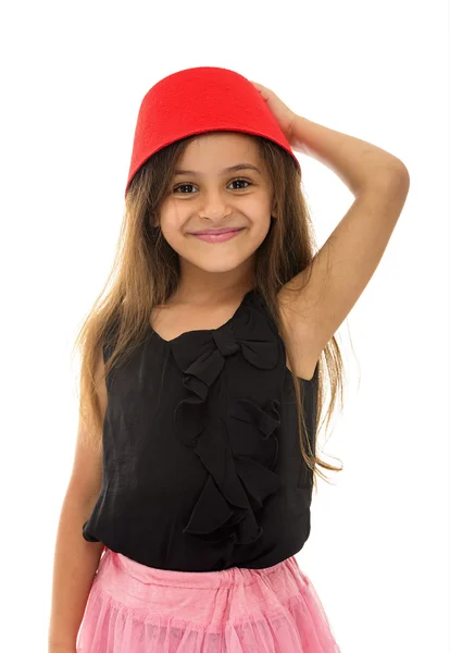 Attractive Young Girl With Beautiful Smile Wearing a Fez — Stock Photo, Image