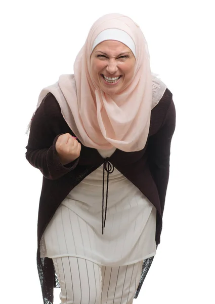 Happy Muslim Woman Fist Celebrating Success Isolated White — Stock Photo, Image