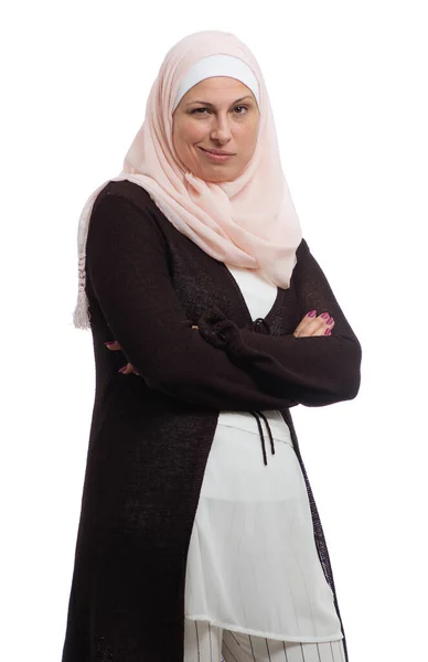 美丽的现代穆斯林妇女 拇指下垂 标志着与白色背景隔离 — 图库照片