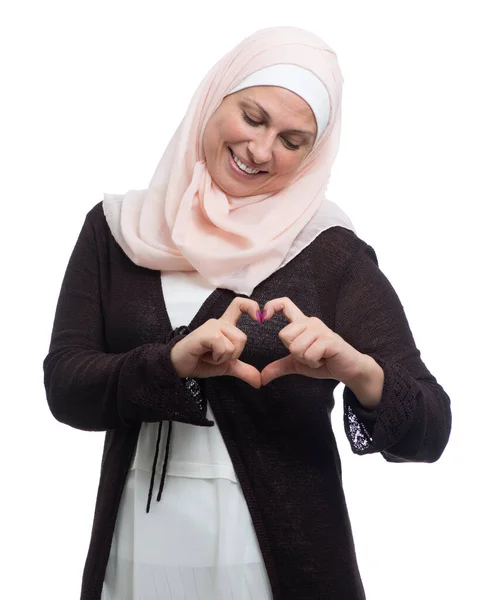 Happy Muslim Woman Love Fingers Heart Sign Isolated White — Stock Photo, Image