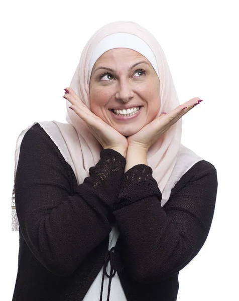 Glückliche Muslimische Frau Mit Einem Schönen Lächeln Das Über Den — Stockfoto