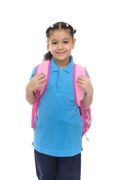 Školy dívka s růžový batoh — Stock fotografie