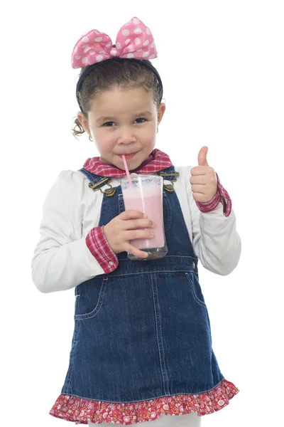 Thump Up Young Girl Drinking Milk Shake — Stock Photo, Image