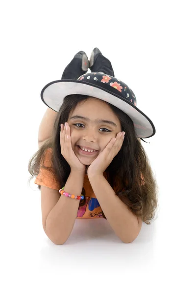 Beautiful Young Girl with Hat Lying Down — Stock Photo, Image