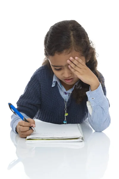 Cute Young Girl Solving Difficult Quiz — Stock Photo, Image