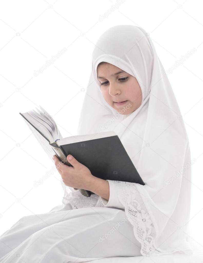 Little Young Muslim Girl Reading Quran Book