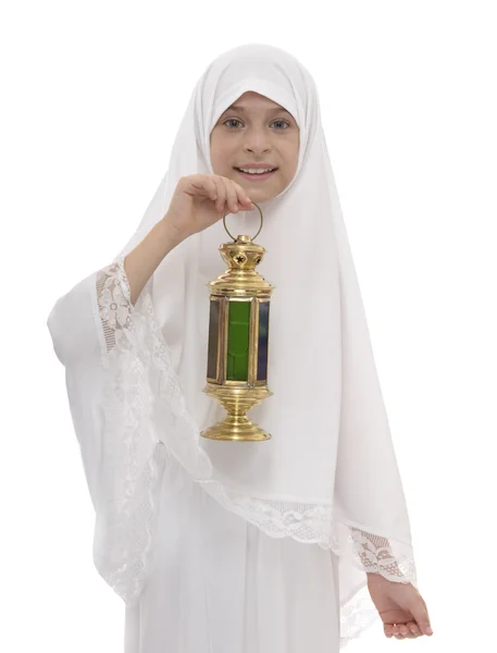 Happy Muslim Girl Celebrating Ramadan Holding A Lantern — Stock Photo, Image