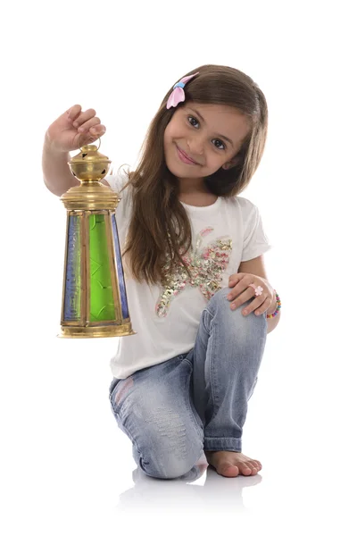 Smiling Young Girl with Ramadan Lantern — Stock Photo, Image