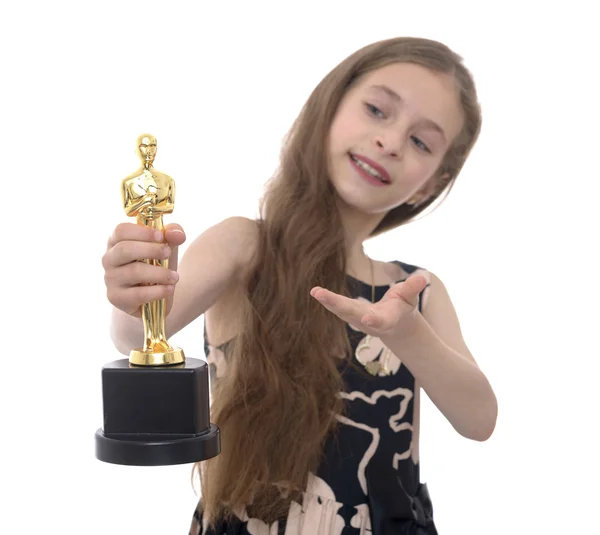 Menina vencedora com troféu — Fotografia de Stock