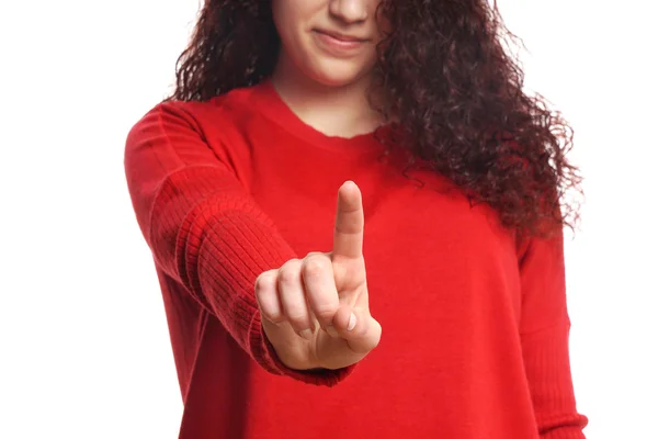 Girl pointing with index finger — Stock Photo, Image