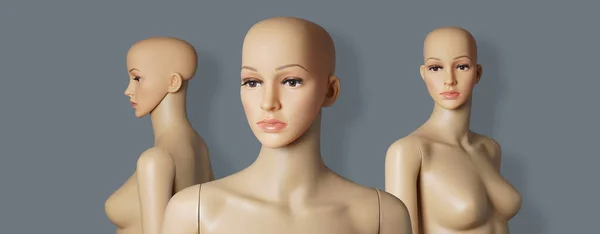 Group of 3 naked and bald store window mannequins or display dummies with realistic faces — Stock Photo, Image