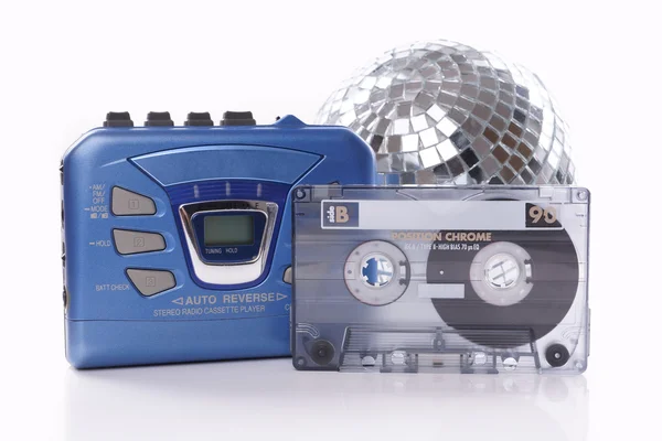 Music cassette walkman and disco ball — Stock Photo, Image