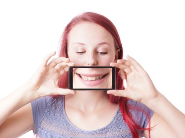 woman messing around with camera phone clipart