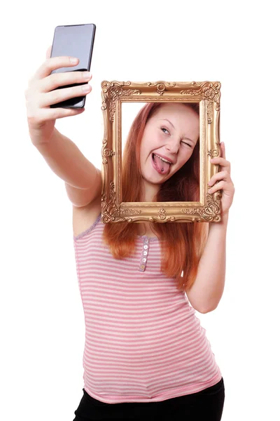 Resim çerçevesi ile selfie — Stok fotoğraf