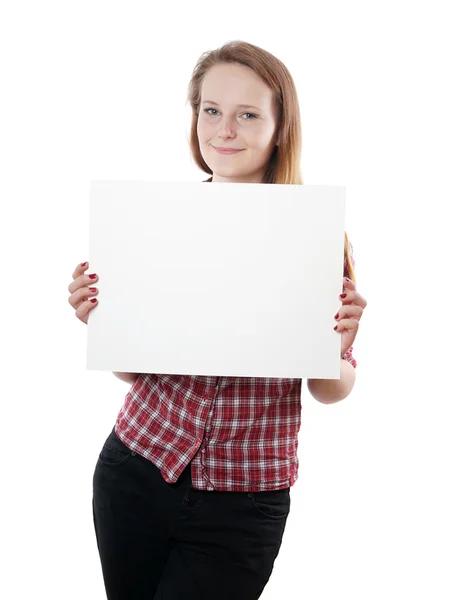 Young woman holding sign — Stock Photo, Image