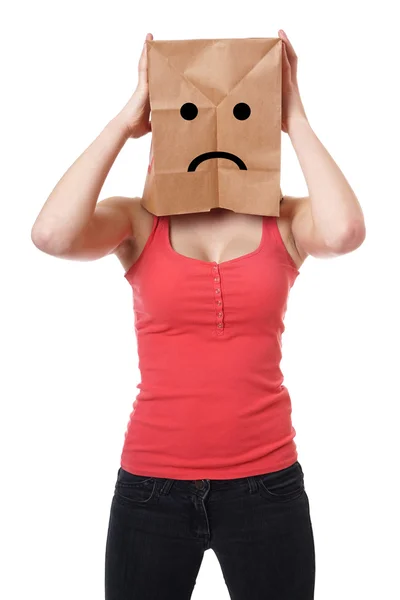 Unhappy paper bag girl — Stock Photo, Image