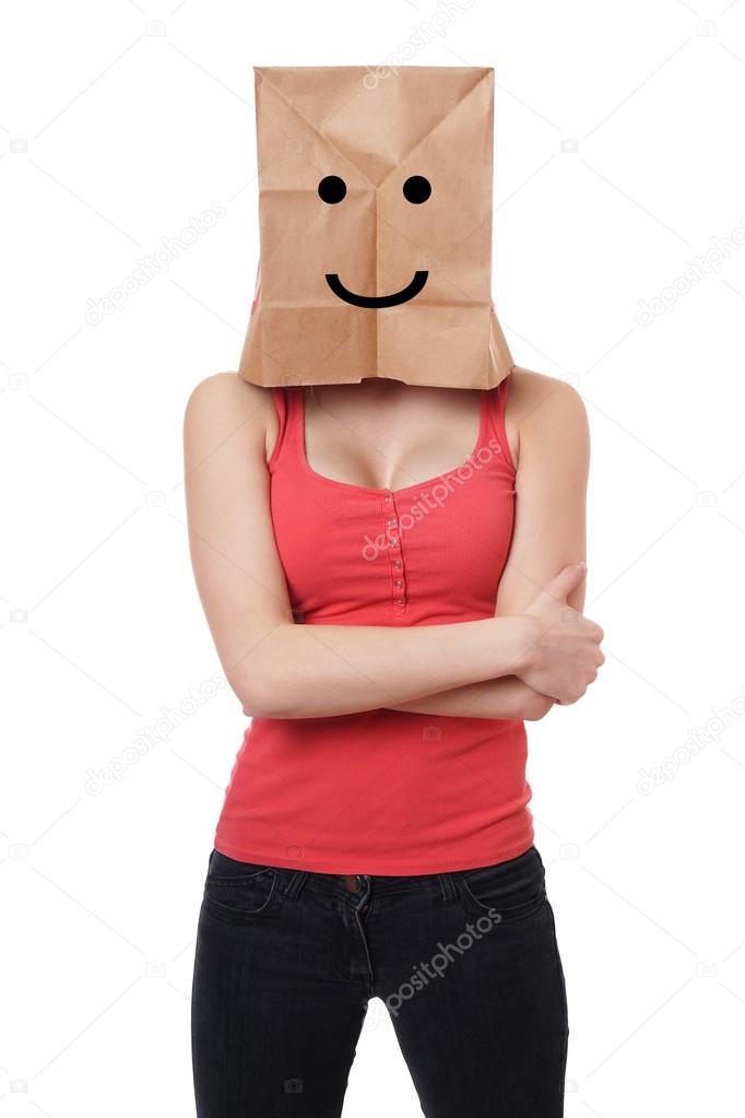 smiley paper bag woman