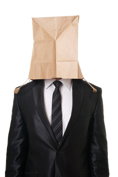 businessman with paper bag over his head