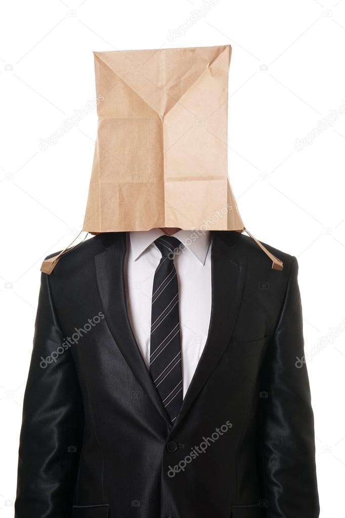 businessman with paper bag over his head