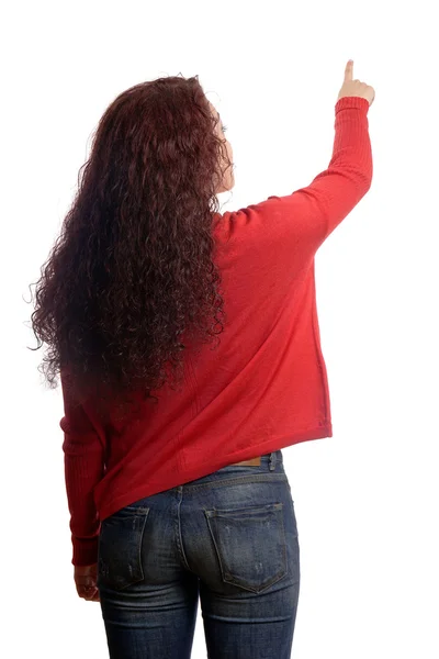 Mulher apontando para o espaço de cópia — Fotografia de Stock