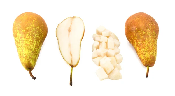 Conference pears - whole, halved and diced — Stock Photo, Image