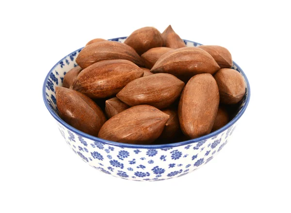 Noci pecan in una ciotola di porcellana blu e bianca — Foto Stock