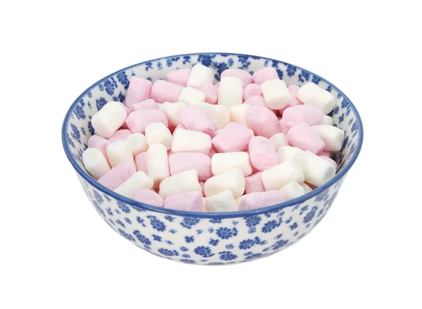 Pink and white mini marshmallows in a blue and white china bowl — Stock Photo, Image