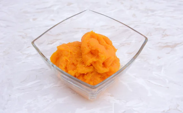 Pumpkin puree in a glass bowl — Stock Photo, Image