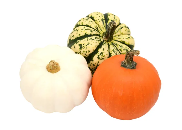 Tres calabazas pequeñas - calabazas de rayas anaranjadas, blancas y verdes — Foto de Stock