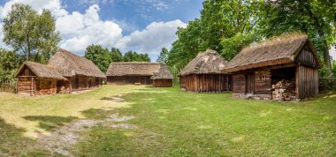 Çoklu binalar ve sazdan çatılarla korunmuş geleneksel bir Doğu Avrupa ahşap çiftliğinin panoramik görüntüsü, kültürel mirası ve tarihi simgeleyen güneşli bir skansen ortamında yakalandı.
