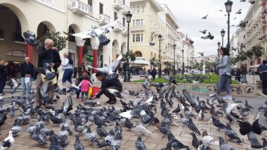 Selanik, Yunanistan - 14 Mayıs 2019: Yunanistan 'ın Selanik kentinde Yürüyen Güvercinleri Besleyen İnsanlar, yavaş çekim