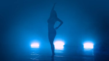 Genç, havalı bir kadın, kulüpte ışıklarla erotik danslar yapıyor.