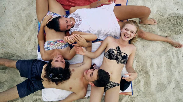 Top View Portraits Group Friends Lying Beach Having Fun — Stock Photo, Image