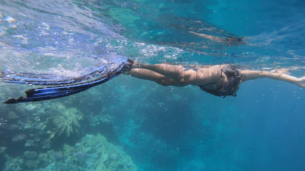 Une Femme Bikini Plongeant Sous Eau Sur Une Île Tropicale — Photo