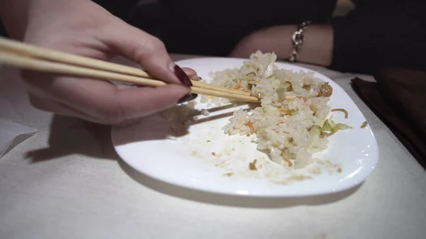 Woman Eats Rice Chinese Bamboo Sticks — Stock Photo, Image