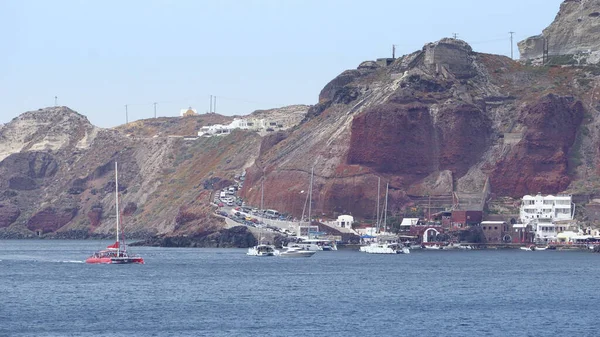 Strzał Morskiego Portu Oia Wyspa Santorini Grecji — Zdjęcie stockowe